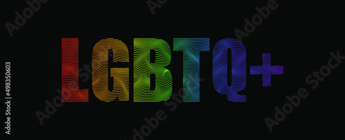 Dynamic line wave LGBTQ+ word banner vector illustration isolated on black background. Typography with L Lesbian flag, G Gay Pride flag, B Bisexual flag, T Transgender community pride, Q Queer