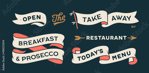 Vintage graphic set. Ribbon, flag, arrow, board with text Open, Take Away, Breakfast, Menu. Set of ribbon banner and retro graphic. Isolated vintage old school set shapes. Vector Illustration