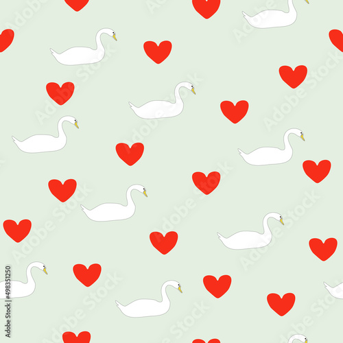 Seamless pattern white swans  little red hearts on green water background  vector eps 10