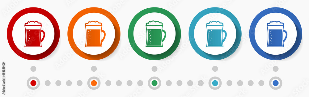 Beer, alcohol concept vector icon set, infographic template, flat design colorful web buttons in 5 color options Beer, alcohol concept vector icon set, infographic template, flat design colorful web buttons in 5 color options