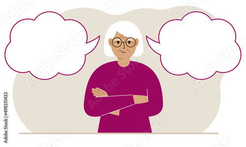 A satisfied grandmother tries to make the right decision. Left and right are empty bubbles. Comparison of the two solutions.