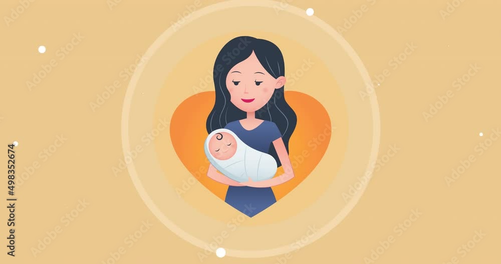 Animation of mother and newborn over heart and circle on yellow background with white dots Animation of mother and newborn over heart and circle on yellow background with white dots