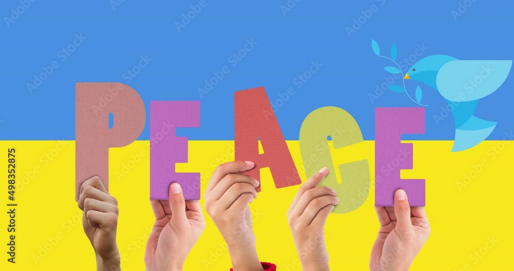 Animation of hands holding peace and dove over flag of ukraine Animation of hands holding peace and dove over flag of ukraine