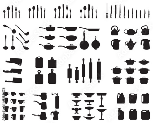 Black silhouettes of kitchenware on a white background