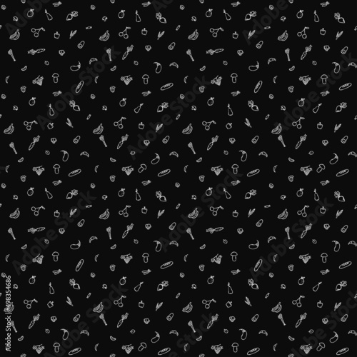 seamless vegetarian food pattern. Doodle vector with vegetarian food icons on black background.Vintage food icons,sweet elements background for menu, cafe shop.