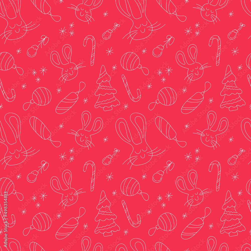 New Year 2023 Rabbit and Christmas tree. Hand drawn Seamless vector pattern in doodle style. Merry Christmas! White outline on a red background. Illustration for wrapping paper, fabric. New Year 2023 Rabbit and Christmas tree. Hand drawn Seamless vector pattern in doodle style. Merry Christmas! White outline on a red background. Illustration for wrapping paper, fabric.