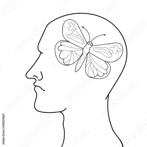 Contour silhouette of a man with a butterfly in his head.