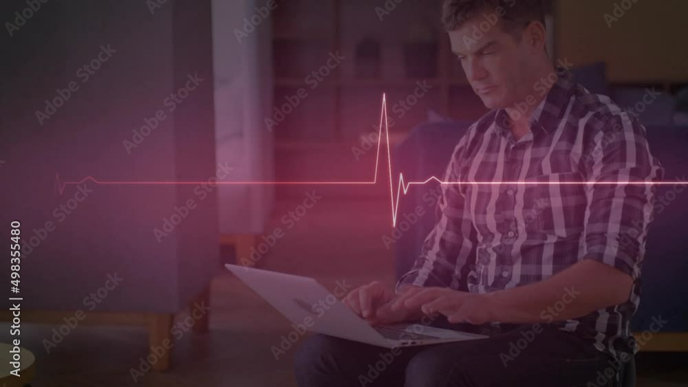 Animation of isoelectric line over caucasian businessman using laptop in office Animation of isoelectric line over caucasian businessman using laptop in office