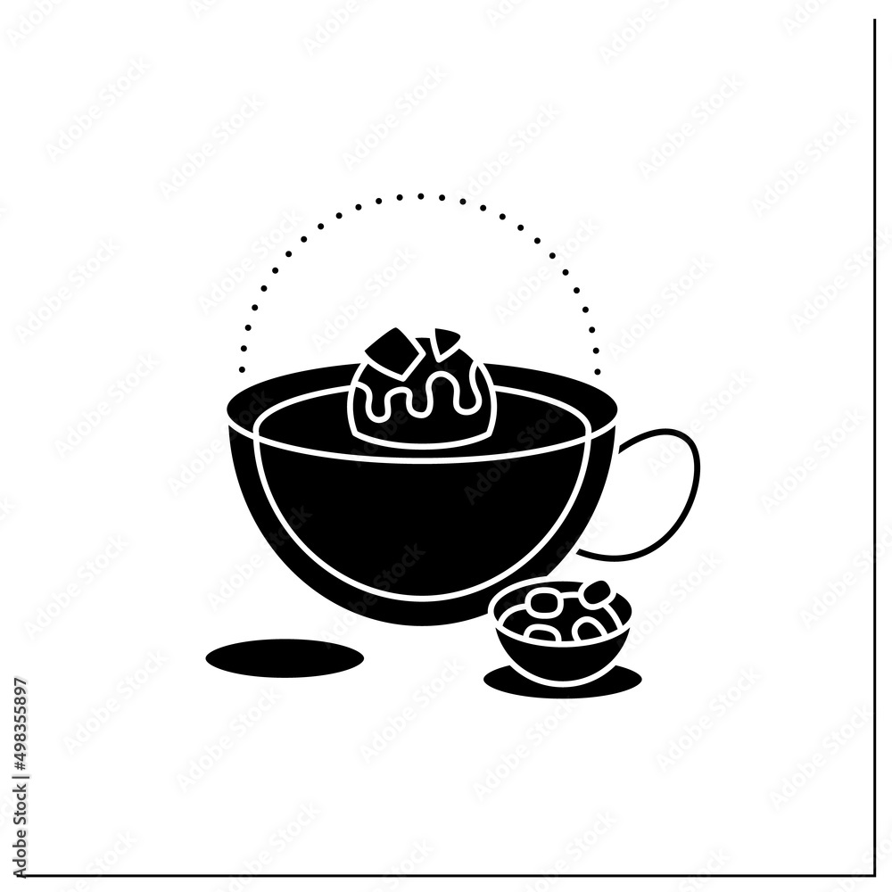 Coco bomb glyph icon. Delicious dessert. Cute ball of chocolate with marshmallows filling inside. Bomb melt inside cup. Chocolate sweet. Filled flat sign. Isolated silhouette vector illustration Coco bomb glyph icon. Delicious dessert. Cute ball of chocolate with marshmallows filling inside. Bomb melt inside cup. Chocolate sweet. Filled flat sign. Isolated silhouette vector illustration