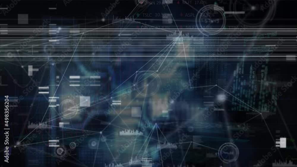Animation of glitch over diverse data and network of connections rotating on black background Animation of glitch over diverse data and network of connections rotating on black background