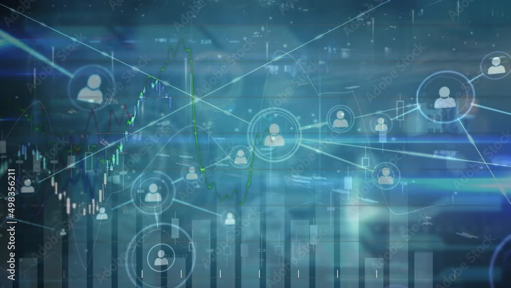 Animation of network of connections with icons over diverse data on screen Animation of network of connections with icons over diverse data on screen