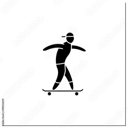 Skateboarding glyph icon. Extreme sport. Skating, performing various stunts on skateboard. Skateboarder staying on board.Athletic competition. Filled flat sign. Isolated silhouette vector illustration