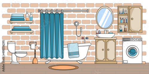 Modern bathroom interior decor. Bath, mirror and wash basin, tub and hygiene accessories, toilet bowl flat vector design