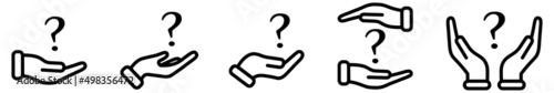 Question mark symbol above and in hands - give, hold or protect sign