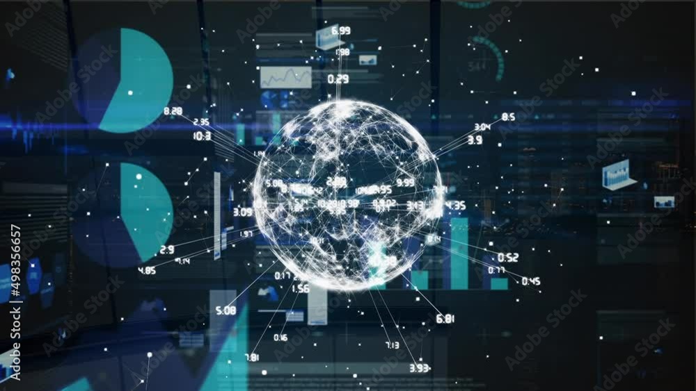 Animation of network of connections with numbers and statistics over globe Animation of network of connections with numbers and statistics over globe