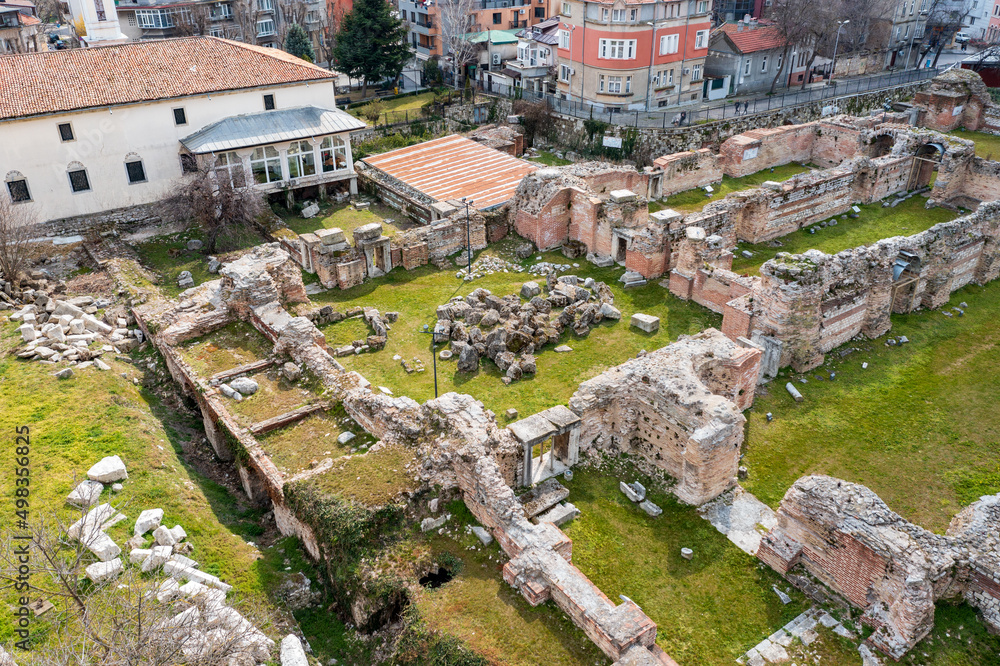 Aerial view of The Old Roman Therms ruins in Varna, Bulgaria. The Early Christian Basilica of Odessos.