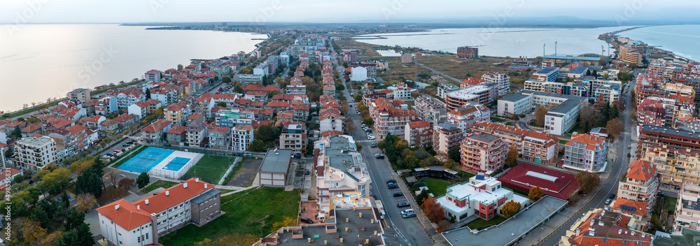 Panoramic aerial view from drone of Pomorie city, Bulgaria