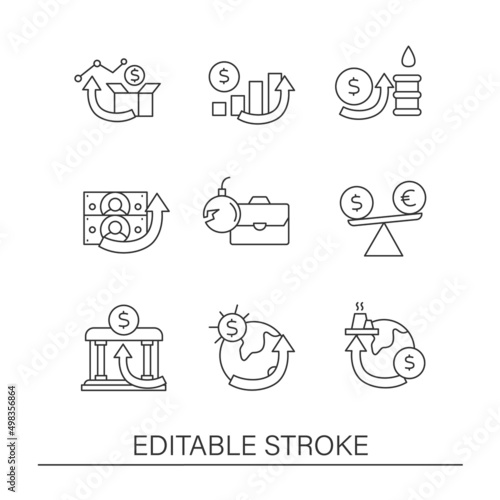 Economic recovery line icons set. Prosperity of the global economy. Profitable business. World market concepts. Isolated vector illustrations.Editable stroke