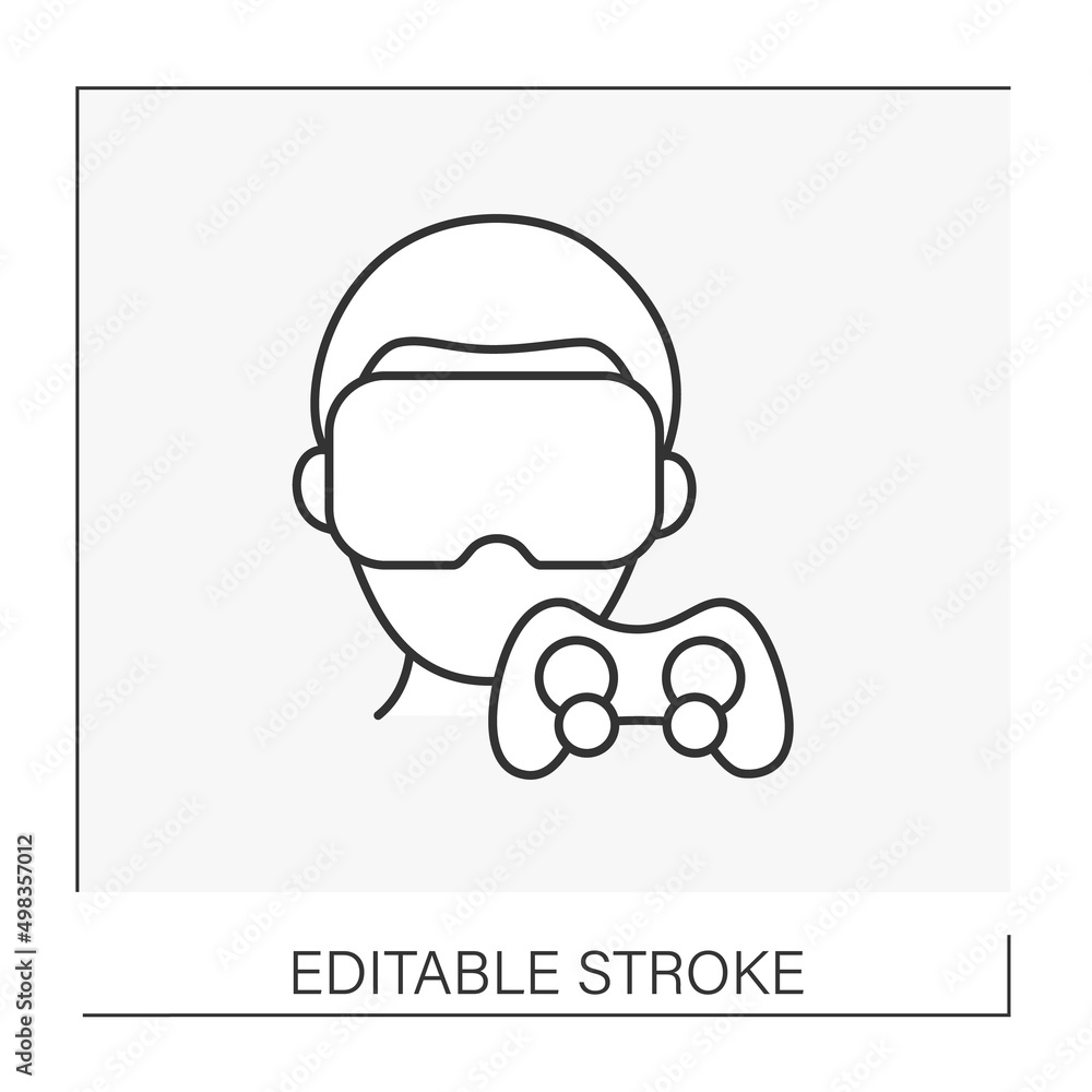 Obraz premium Goggles line icon. VR headset and joystick. Person in virtual glasses. Modern virtual technology. VR concept. Isolated vector illustration.Editable stroke