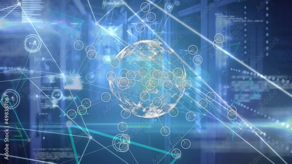 Animation of globe over network of connections and data processing Animation of globe over network of connections and data processing