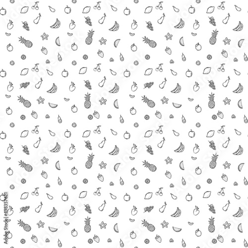 Seamless fruits and vegetables vector pattern. Doodle vector with fruits and vegetables icons on white background. Vintage vegan pattern