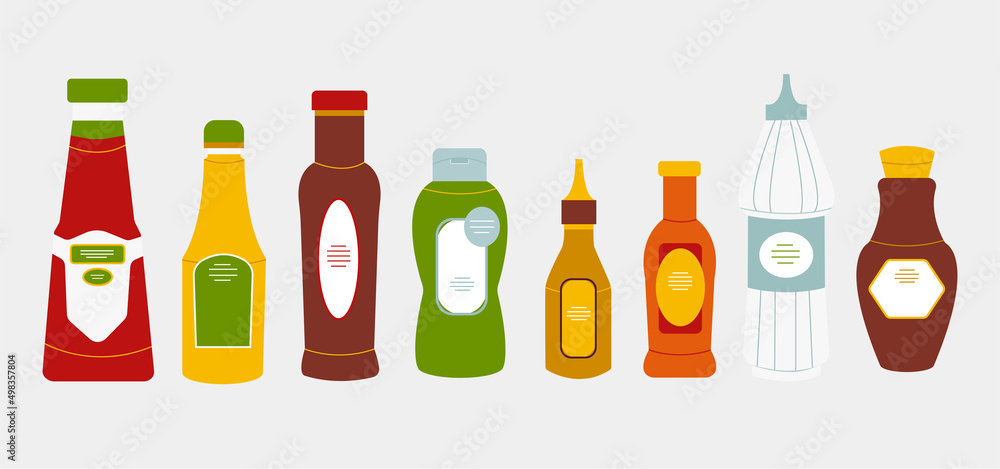 Set of bottle sauce in flat style. Vector illustration of natural soy sauce, ketchup, mayonnaise, wasabi, hot chili, mustard, bbq on white background. Set of bottle sauce in flat style. Vector illustration of natural soy sauce, ketchup, mayonnaise, wasabi, hot chili, mustard, bbq on white background.