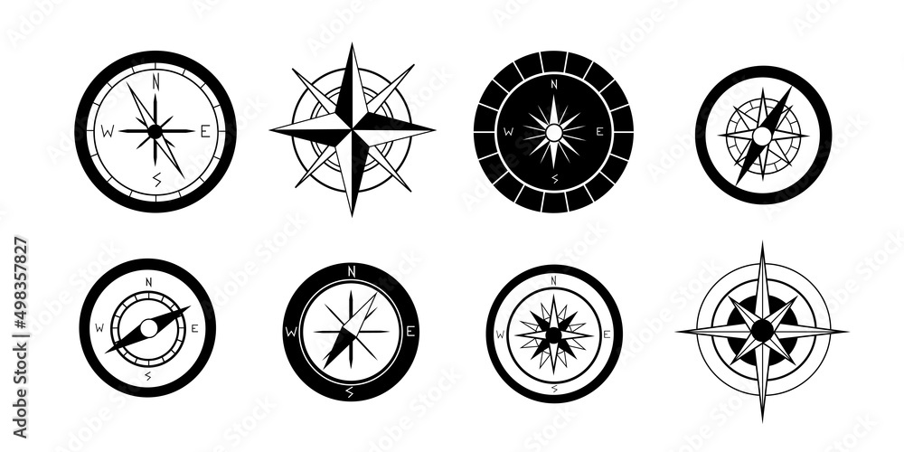 Vector illustration set icons compass on white background. Monochrome cartography and topography symbol wind rose in flet style.