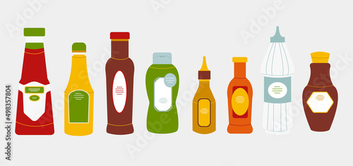 Set of bottle sauce in flat style. Vector illustration of natural soy sauce, ketchup, mayonnaise, wasabi, hot chili, mustard, bbq on white background.