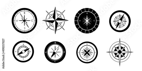Vector illustration set icons compass on white background. Monochrome cartography and topography symbol wind rose in flet style.