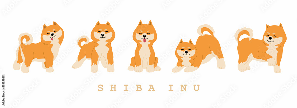 Set of cute shiba inu dogs. Funny japanese smiling animals. Hand drawn colored vector illustration isolated on white background. Modern trendy flat cartoon style. Set of cute shiba inu dogs. Funny japanese smiling animals. Hand drawn colored vector illustration isolated on white background. Modern trendy flat cartoon style.