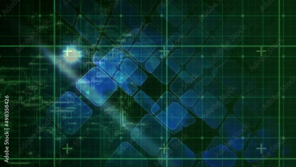 Animation of digital data processing over grid and squares Animation of digital data processing over grid and squares