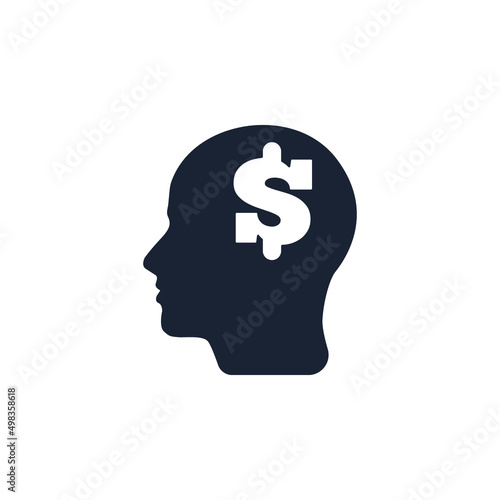 Person with dollar icon. man head Businessman with money sign. Circle icon of human silhouette profile with dollar sign in head.
