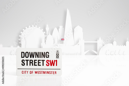 Downing street sign & London skyline concept photo