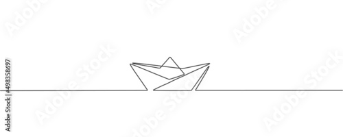 Paper boat, one line art. Black and white continuous line drawing. Minimalism style.