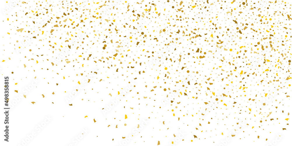 Golden glitter confetti on a white background. Illustration of a drop of shiny particles.