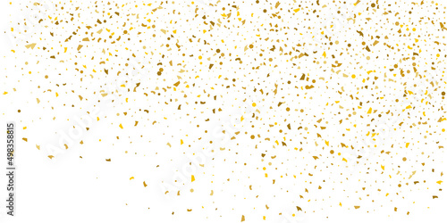 Golden glitter confetti on a white background. Illustration of a drop of shiny particles.