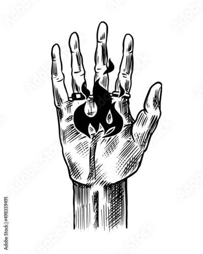 Boho mystic hand with fire. Arcane Esoteric icon. Vintage engraving sketch. Doodle outline. Hand drawing. Vector illustration.