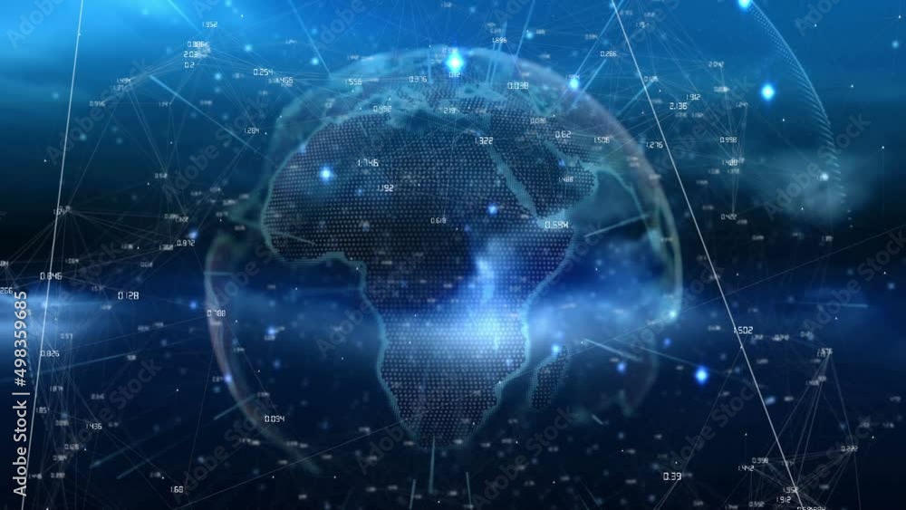 Animation of globe with shapes over blue background Animation of globe with shapes over blue background