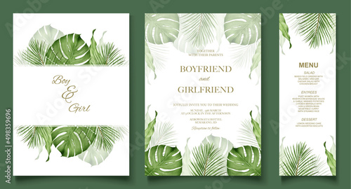 Tropical banner background with realistic summer leaves