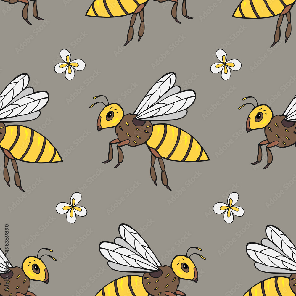 Seamless vector pattern with bees and flowers. Decoration print for wrapping, wallpaper, fabric, textile. 