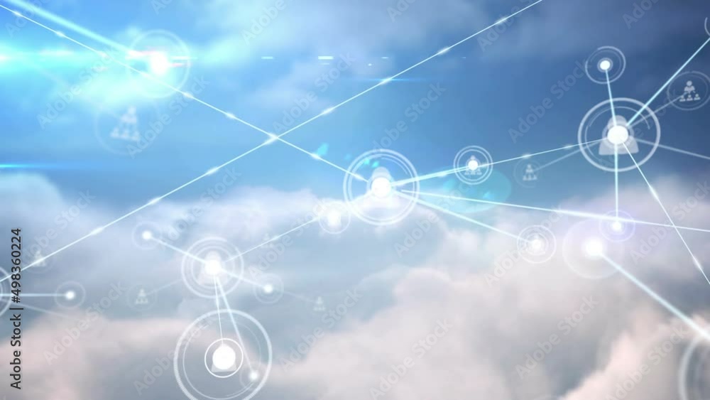 Animation of network of connections with icons over clouds Animation of network of connections with icons over clouds