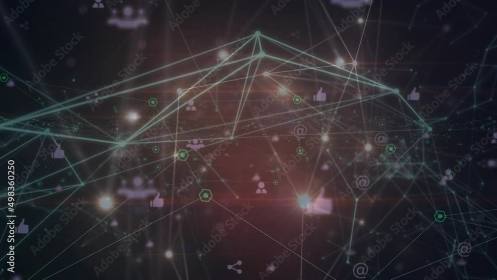 Animation of network of connections with icons on blue background Animation of network of connections with icons on blue background
