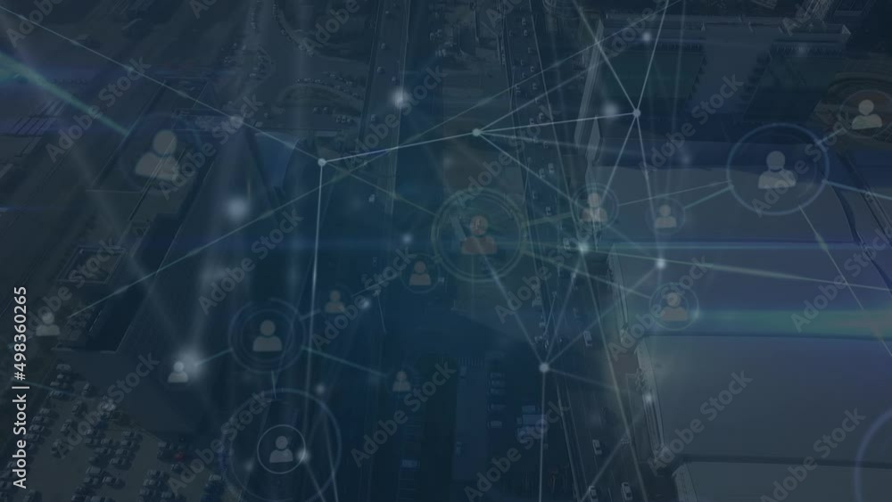 Animation of network of connections with icons and cityscape on blue background Animation of network of connections with icons and cityscape on blue background