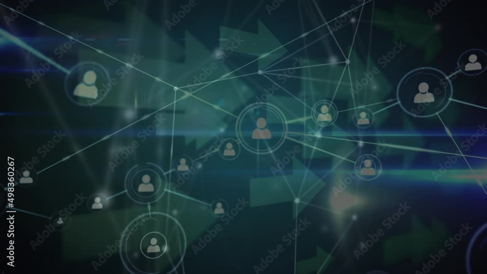Animation of network of connections with icons and arrows on blue background Animation of network of connections with icons and arrows on blue background