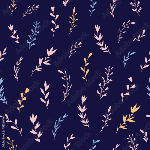 Seamless vector pattern of graphic floral and herbal elements. Background for greeting card, website, printing on fabric, gift wrap, postcard and wallpapers.