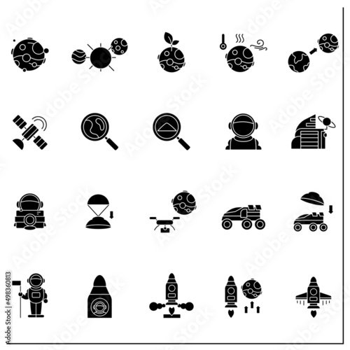 Mars landing glyph icons set. Uninhabited planet. Researching sample. Exploring New Planet. Cosmos concept.Isolated vector illustrations