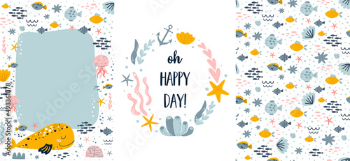 Sea birthday invitation cards set. Kids birthday party under the sea theme invitation template collection. Cute marine life cartoon character fish, whale. Ocean party invite vector illustration.