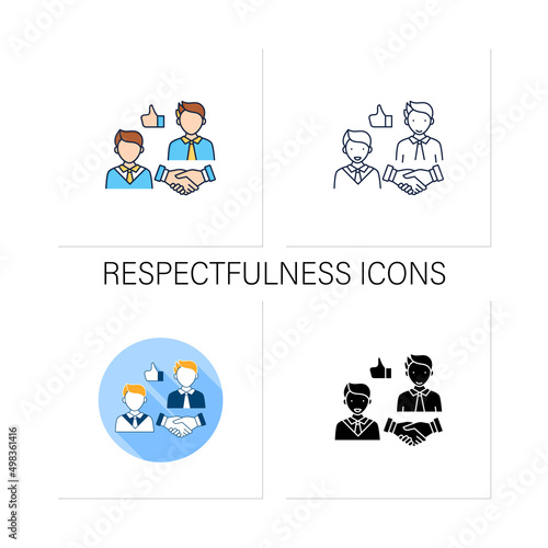 Respectfulness icons set. Respect between communicators.Strong personality. Effective communication.Collection of icons in linear, filled, color styles.Isolated vector illustrations