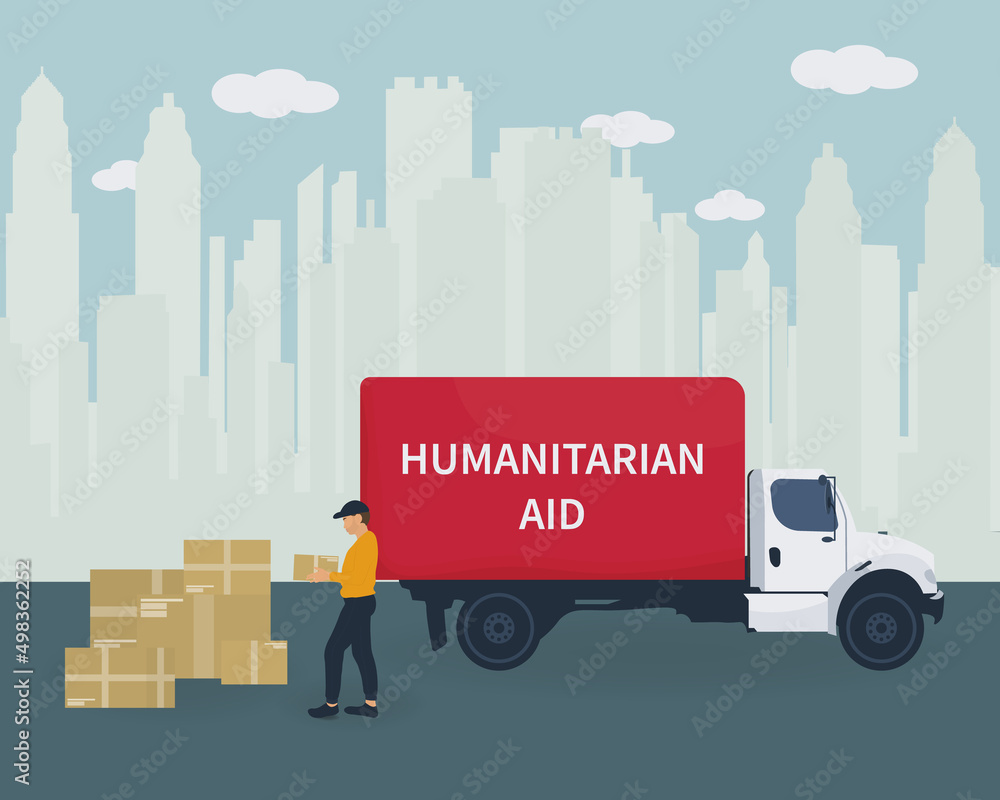 Volunteer Distribute Boxes with Humanitarian Aid. Giving help boxes to refuges and humanitarian aid van. Humanitarian aid, material assistance, governmental help concept. Vector illustration.
