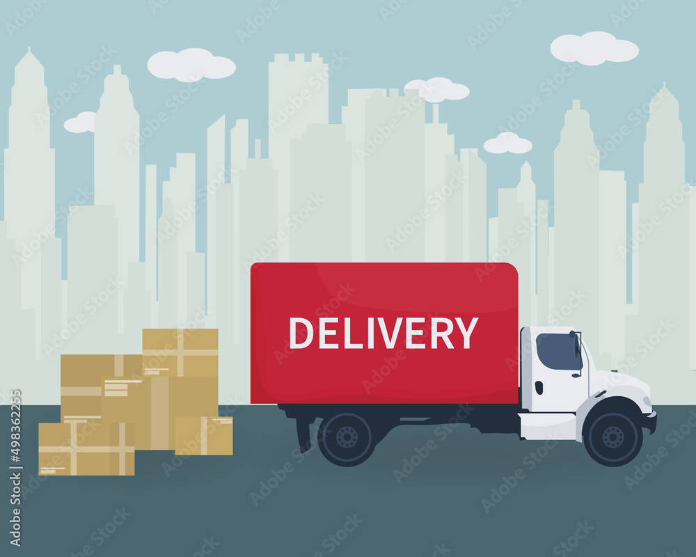Delivery van with shadow and cardboard boxes on city background. Product goods shipping transport. Fast service truck. Vector illustration
